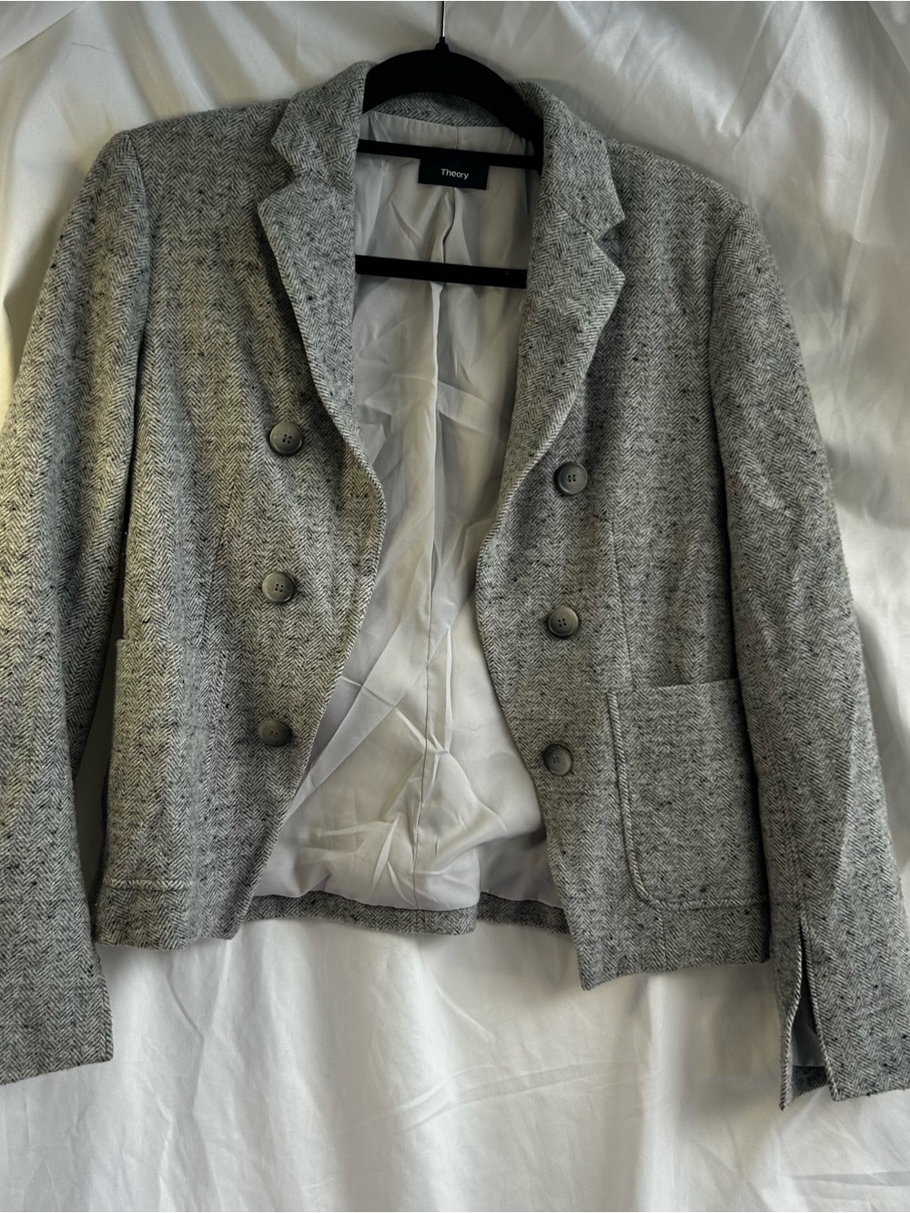 Theory Gray Herringbone Double-Breasted Blazer